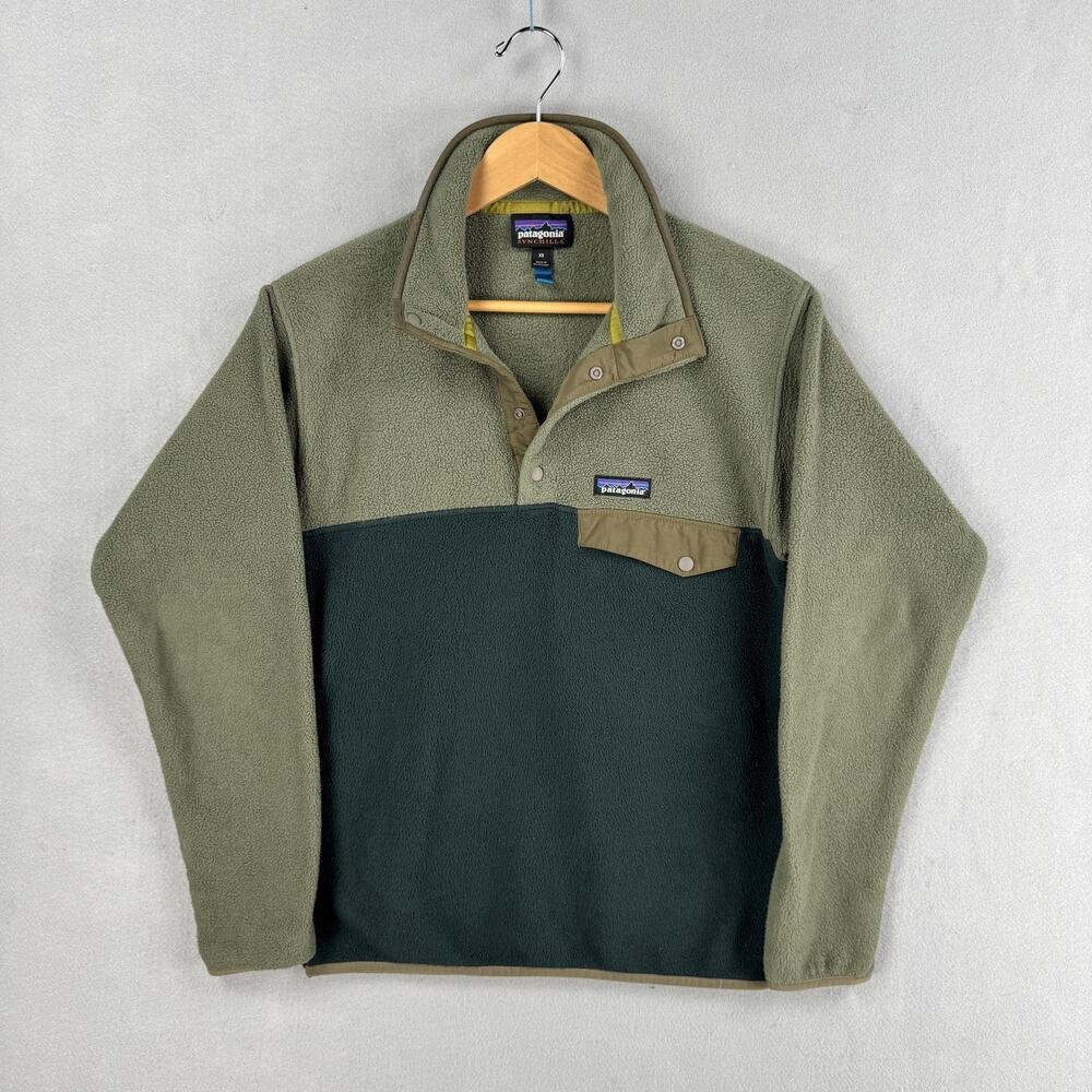 Patagonia Synchilla Jacket Mens XS Green Colorblock Synchilla Fleece Snap-T